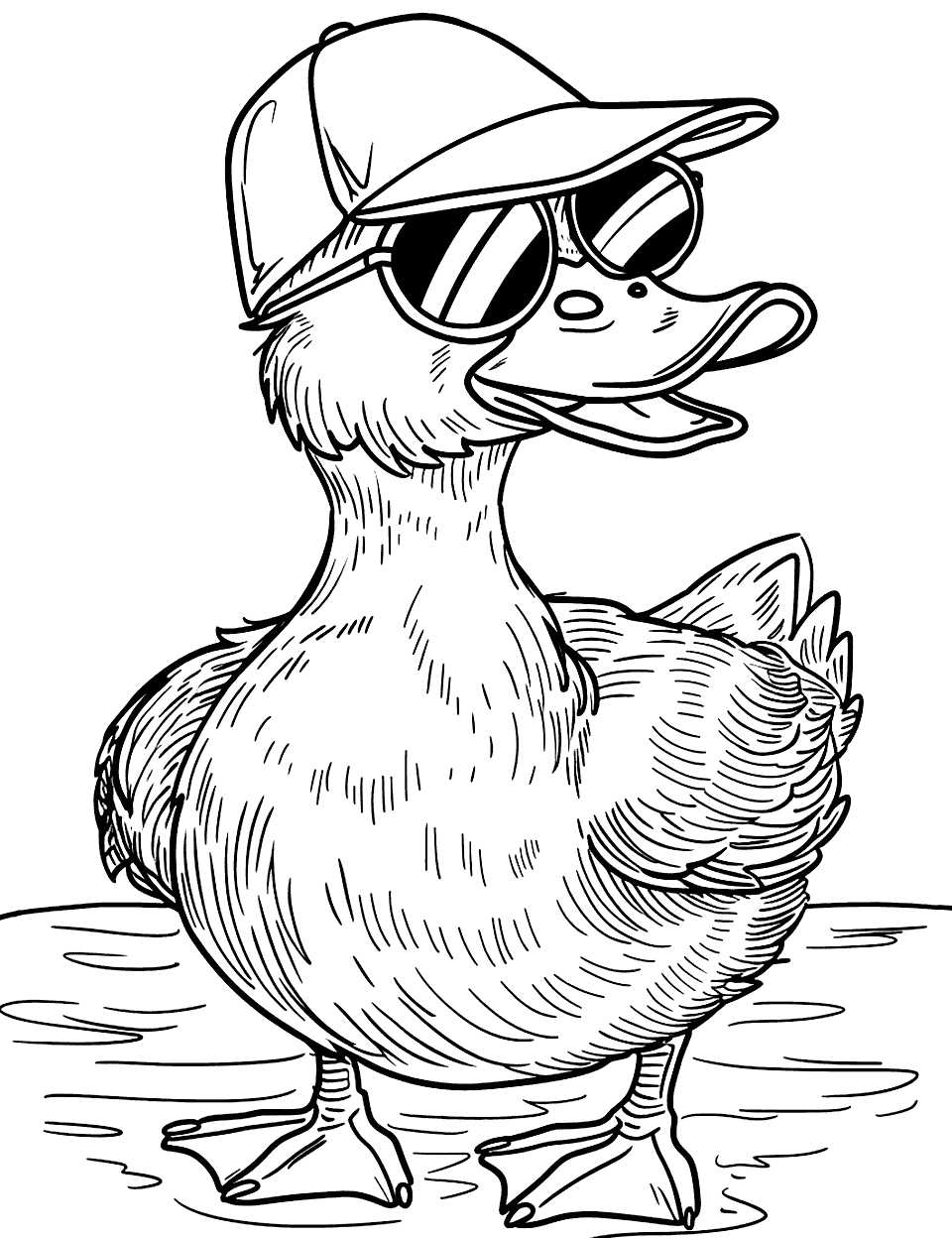Cool Duck Wearing Sunglasses Coloring Page - A cool duck wearing sunglasses and a backward cap, looking ready for summer.