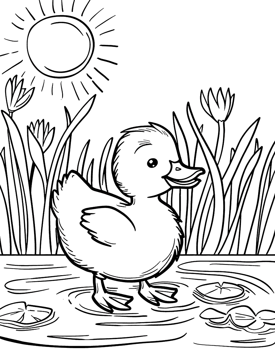 Preschool-Friendly Duck Pond Coloring Page - A simple, preschool-friendly scene of a duck in a small pond with a smiling sun overhead.