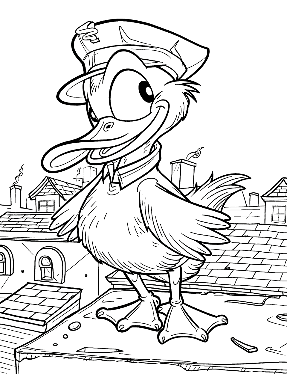 Darkwing Duck in Action Coloring Page - Darkwing Duck striking a heroic pose on top of a city rooftop.