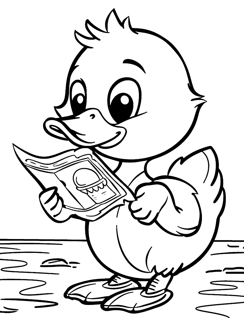 Duck with a Treasure Map Coloring Page - A cute duck holding a treasure map, looking excited about an adventure.
