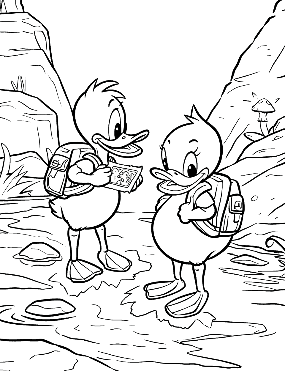 DuckTales Adventure Scene Coloring Page - The DuckTales crew embarking on a treasure hunt, with a map and backpacks.
