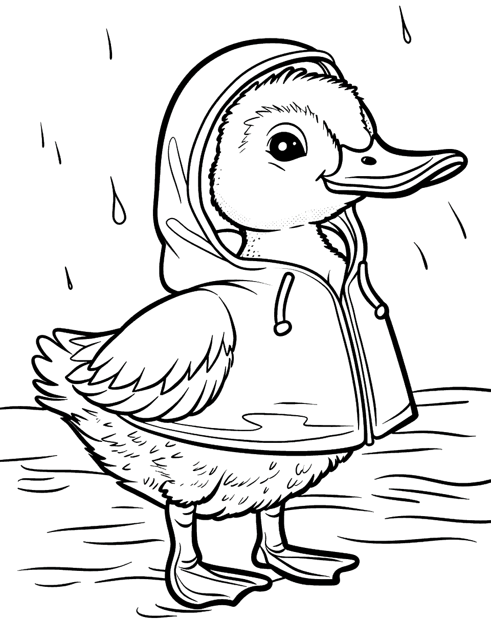 Duck in a Raincoat Coloring Page - A cute duck wearing a raincoat in the rain.