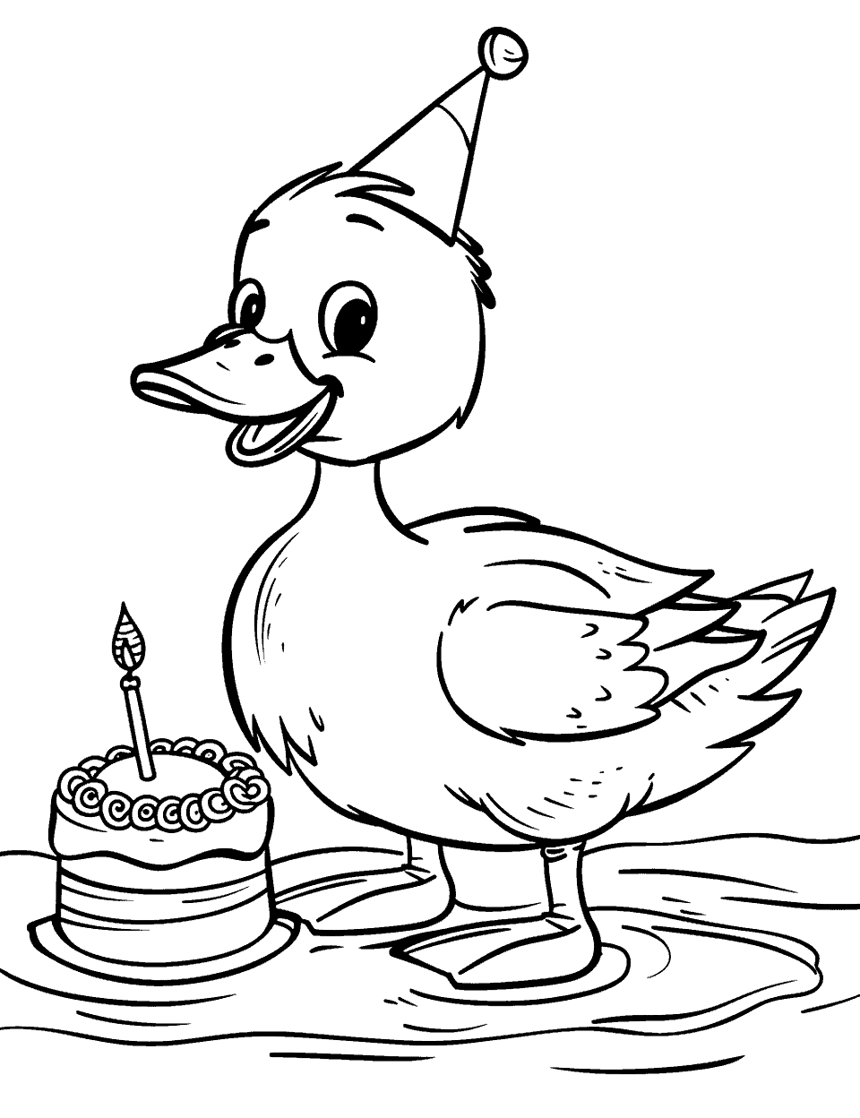 Duck with a Birthday Hat Coloring Page - A happy duck celebrating with a birthday hat and a cake in front of it.