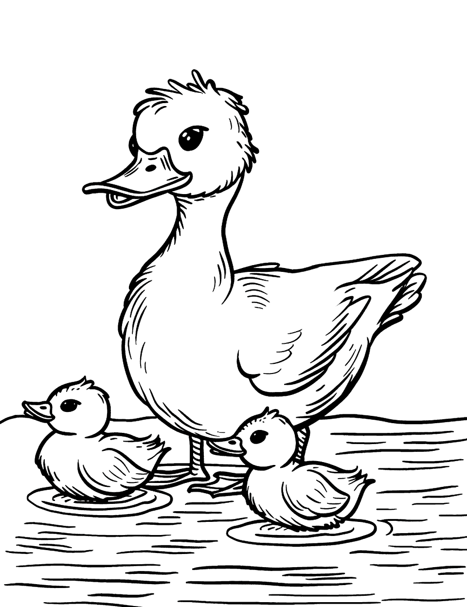 Mother Duck and Ducklings Coloring Page - A mother duck and her ducklings standing together.