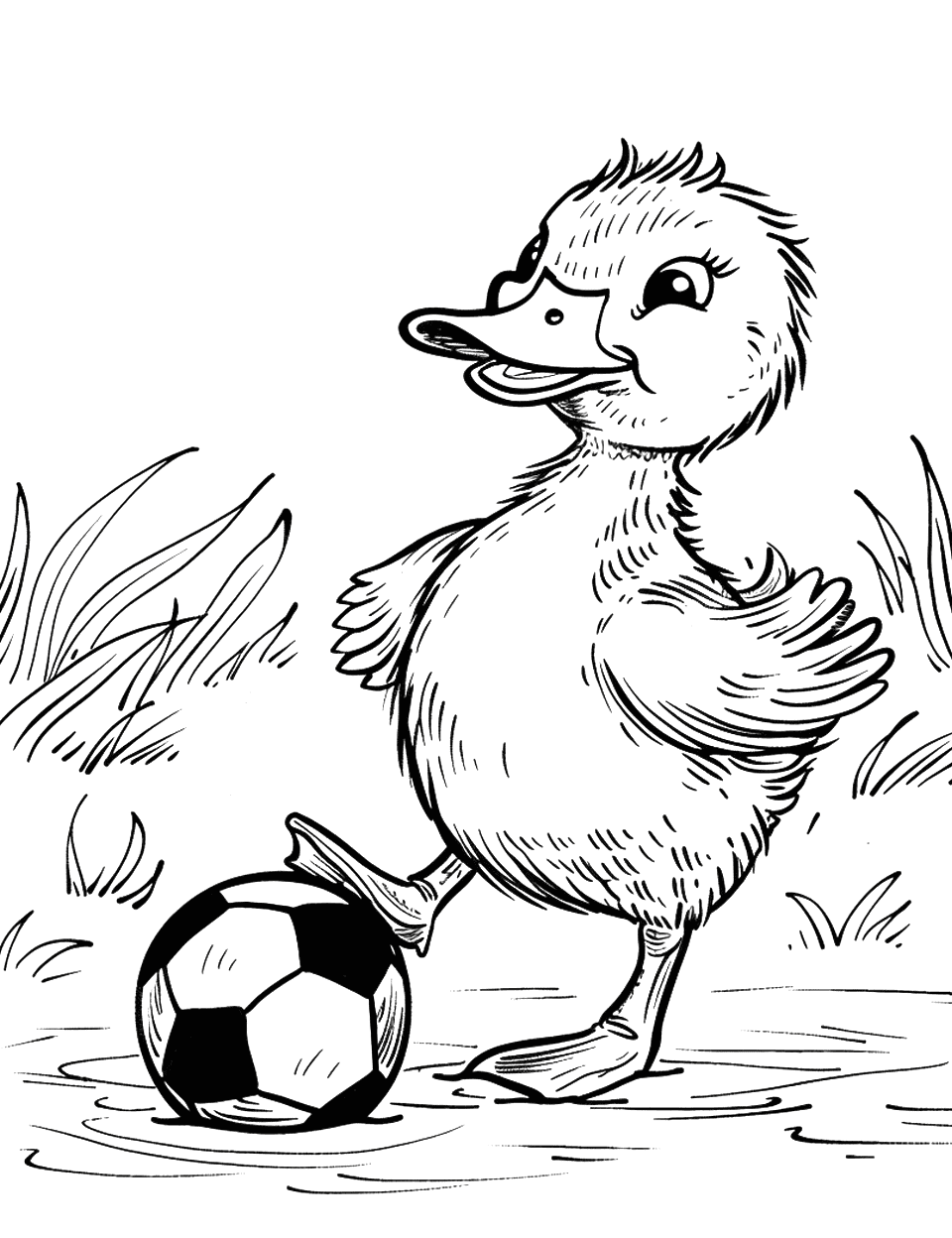 Duck Playing Soccer Coloring Page - A duck with a soccer ball at its feet, ready to kick and score a goal.