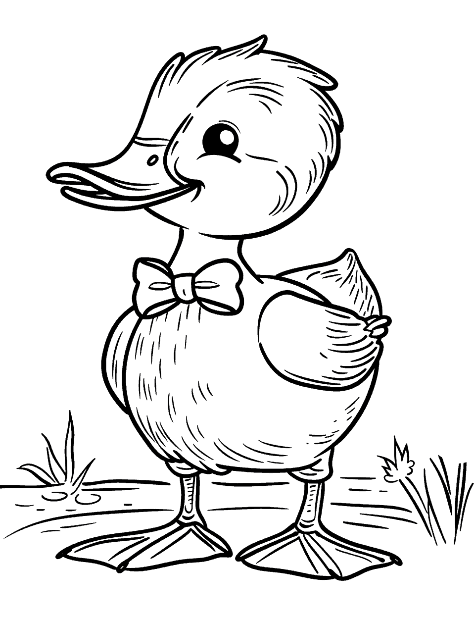 Duck Wearing a Bow Tie Coloring Page - A fancy duck dressed up with a bow tie, looking dapper and ready for a special occasion.