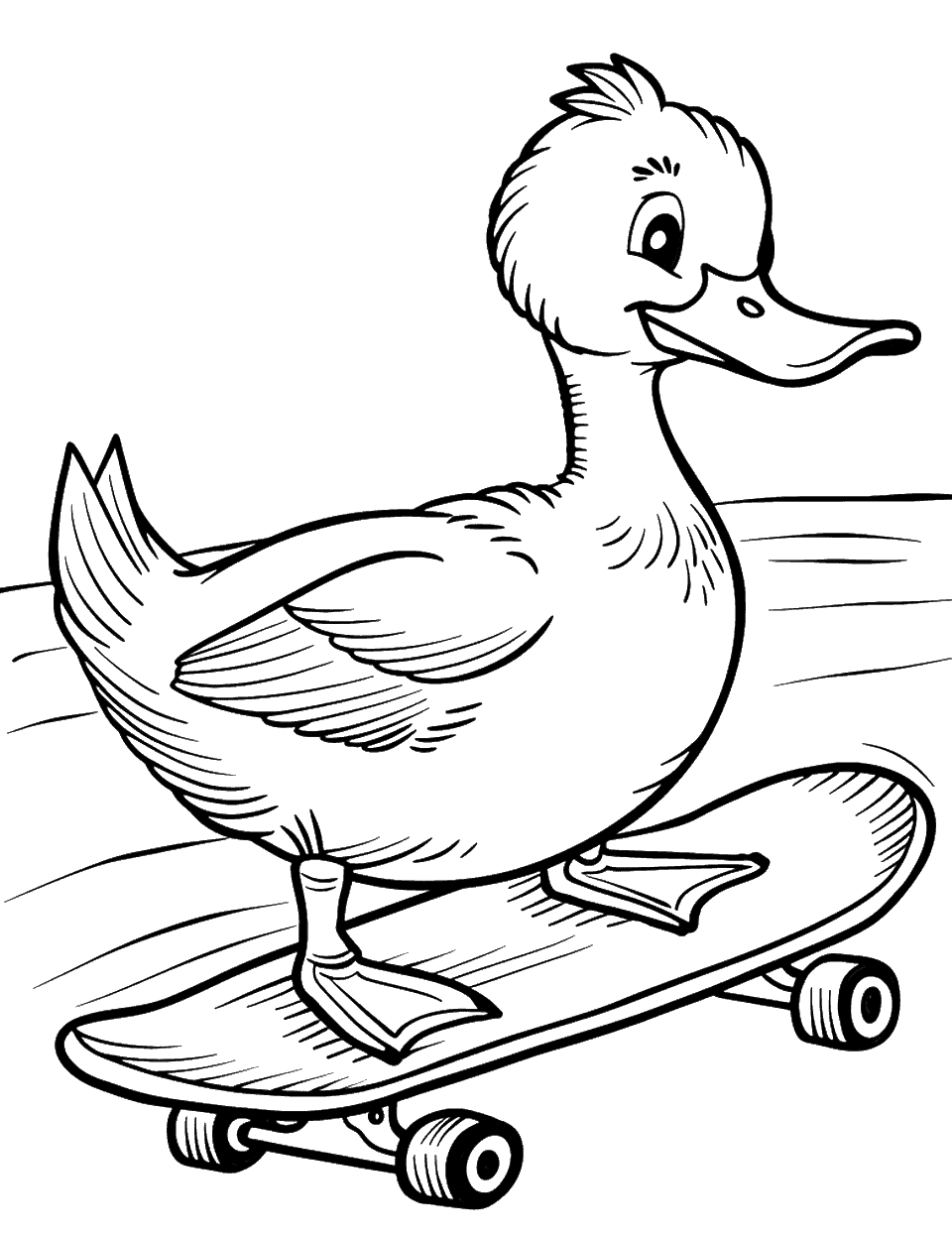 Duck on a Skateboard Coloring Page - A cool duck skateboarding down a hill, showing off its skills.