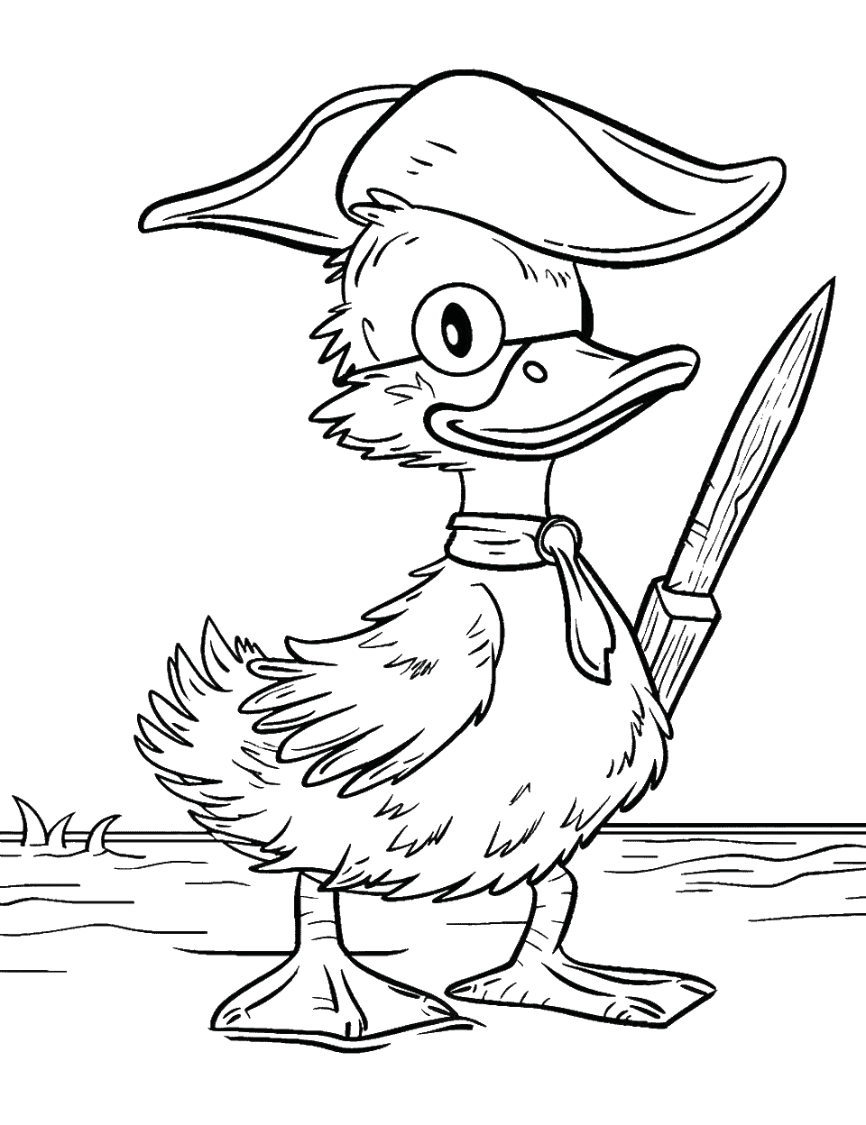 Pirate Duck Coloring Page - A pirate duck, complete with a hat and a wooden sword.
