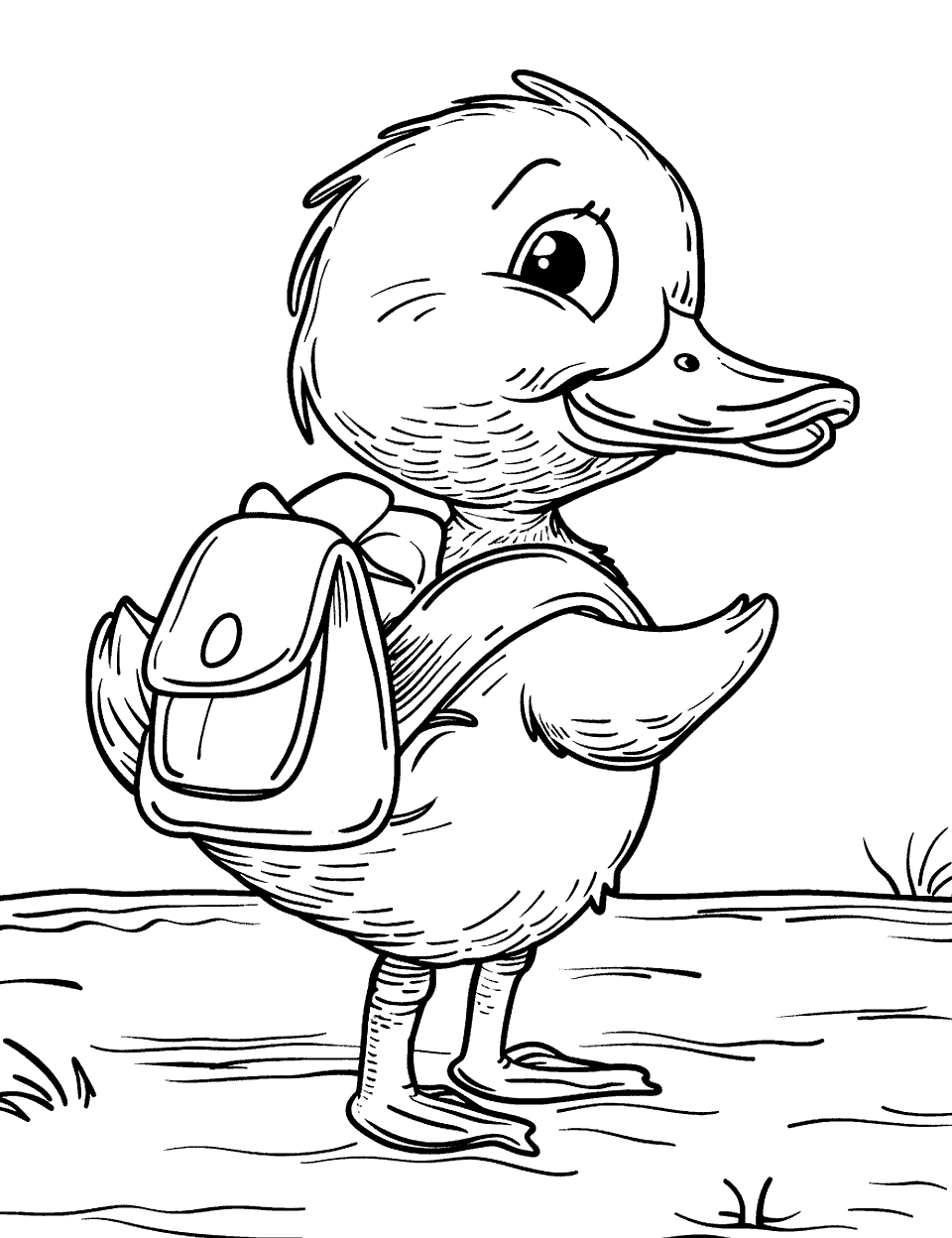 Duck with a Backpack Going to School Coloring Page - A cheerful duck wearing a backpack walking to school with excitement.