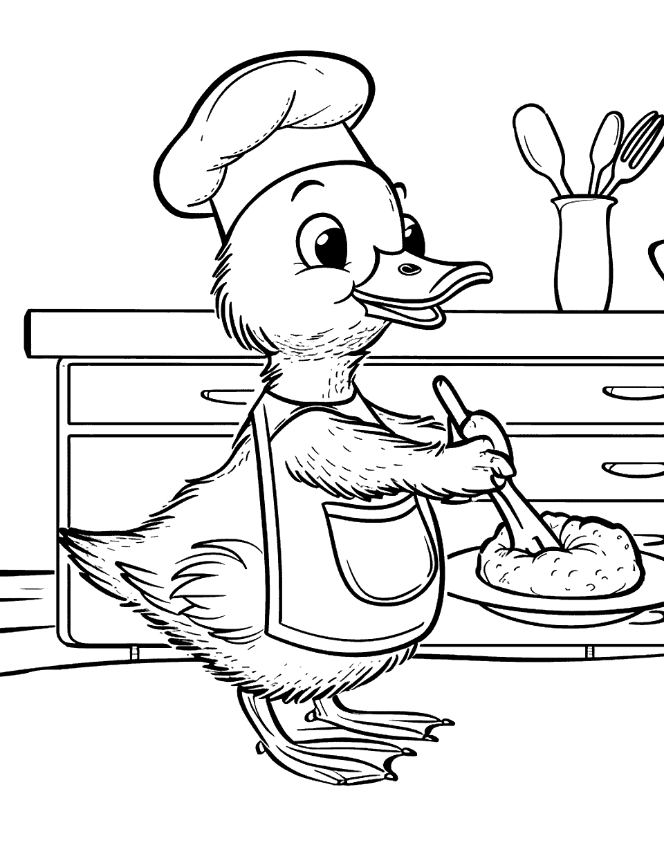 Duck Chef Cooking Coloring Page - A duck wearing a chef’s hat and apron cooking a delicious meal in the kitchen.