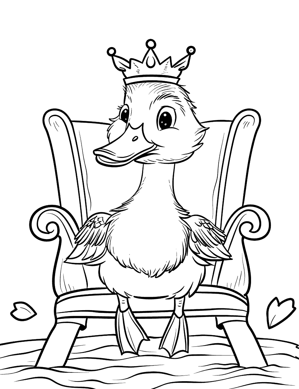 Duck Wearing a Crown Coloring Page - A royal duck wearing a crown, sitting on a throne like a king or queen.