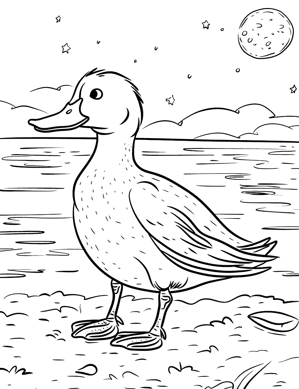 Duck on a Moonlit Night Coloring Page - A duck standing at the edge of a lake at night.