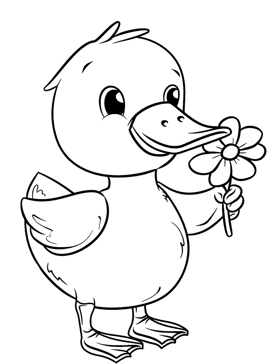 Kawaii Duck Holding a Flower Coloring Page - An adorable, kawaii-style duck holding a small flower.
