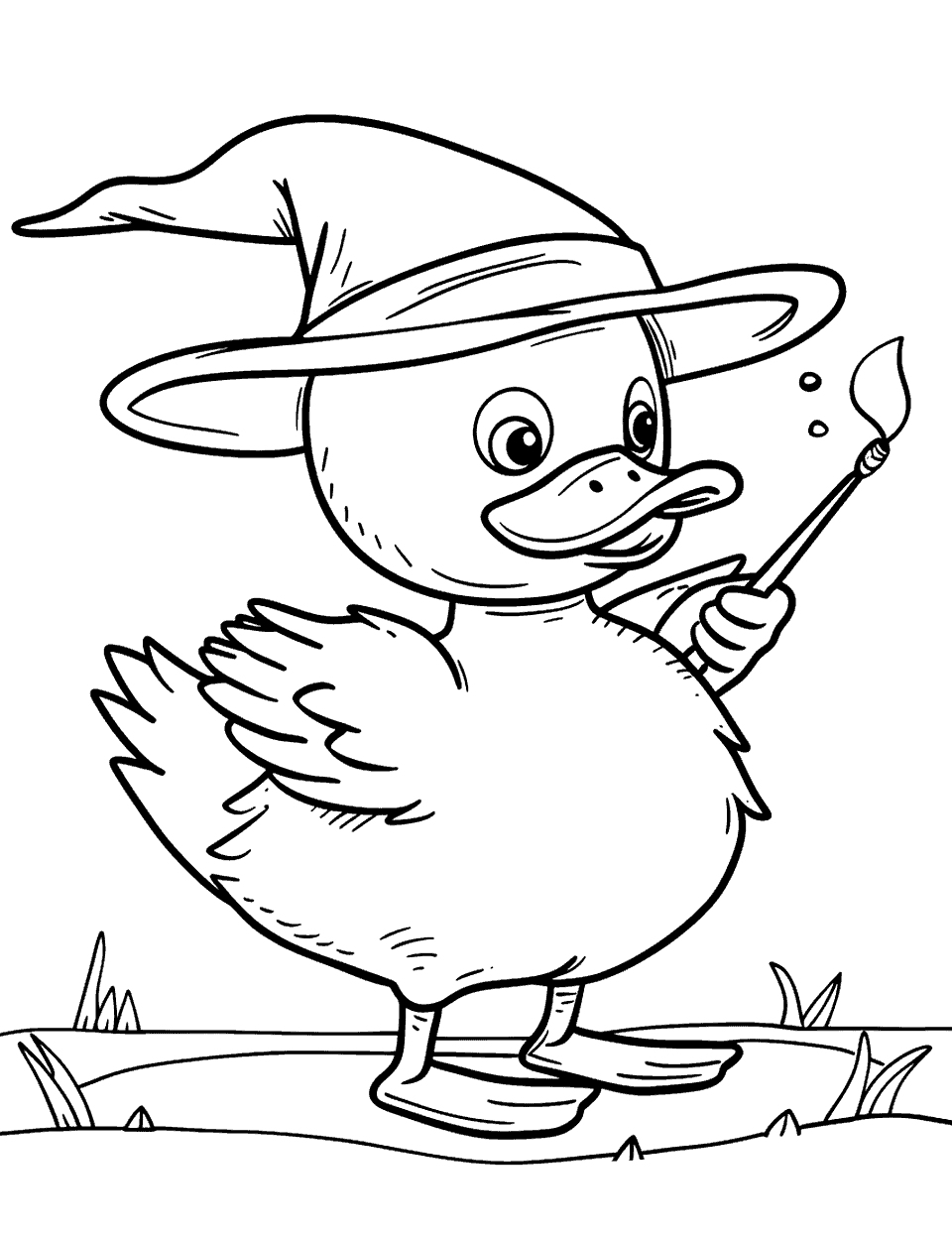 Duck in a Wizard Hat Coloring Page - A duck dressed as a wizard casting a spell with a magic wand.