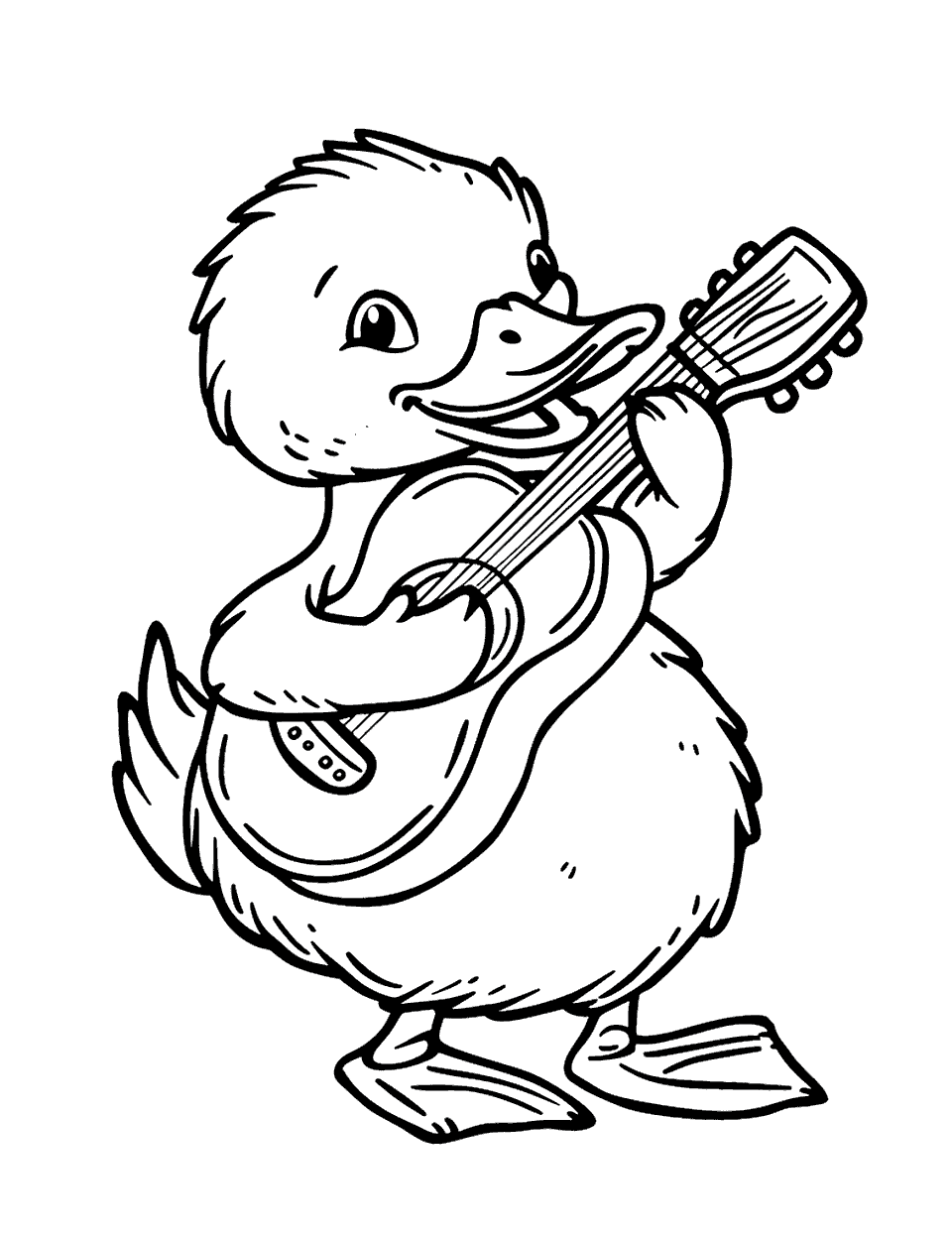 Duck Playing a Guitar Coloring Page - A musical duck strumming a guitar.