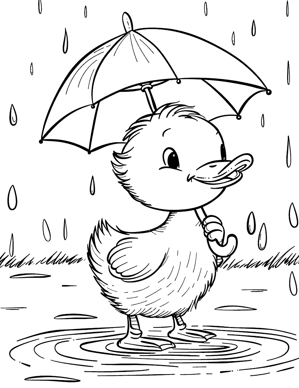 Duck with Umbrella in the Rain Coloring Page - A duck holding an umbrella, walking through the rain with a puddle at its feet.