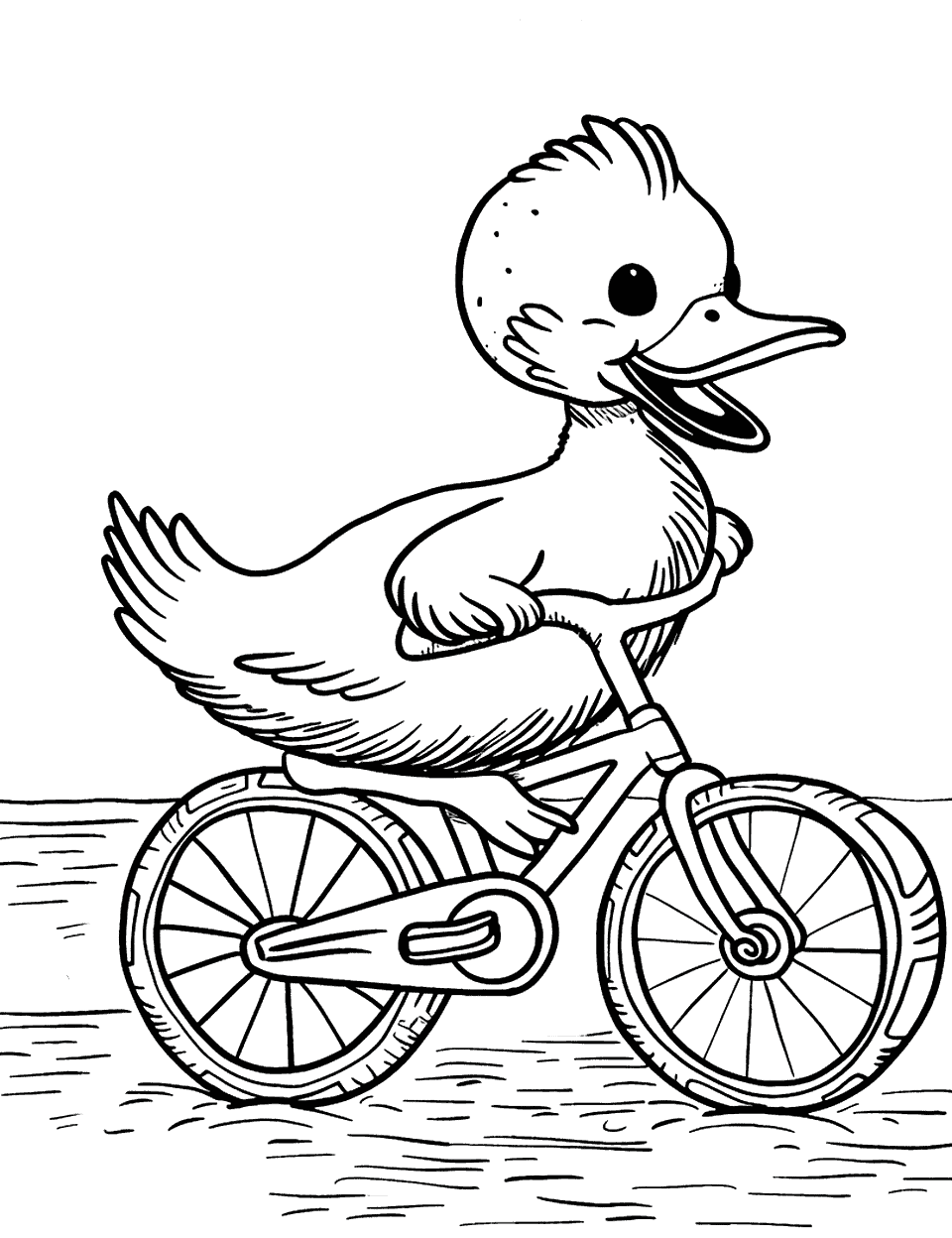 Duck Riding a Bicycle Coloring Page - A happy duck pedaling a bicycle, enjoying a ride in the park.