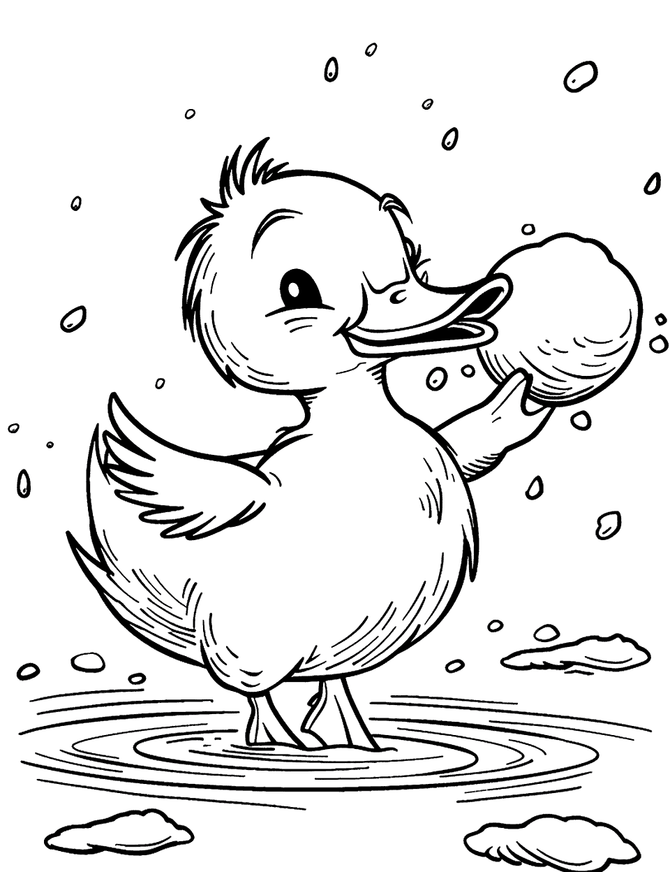 Duck in a Snowball Fight Coloring Page - A playful duck throwing snowballs