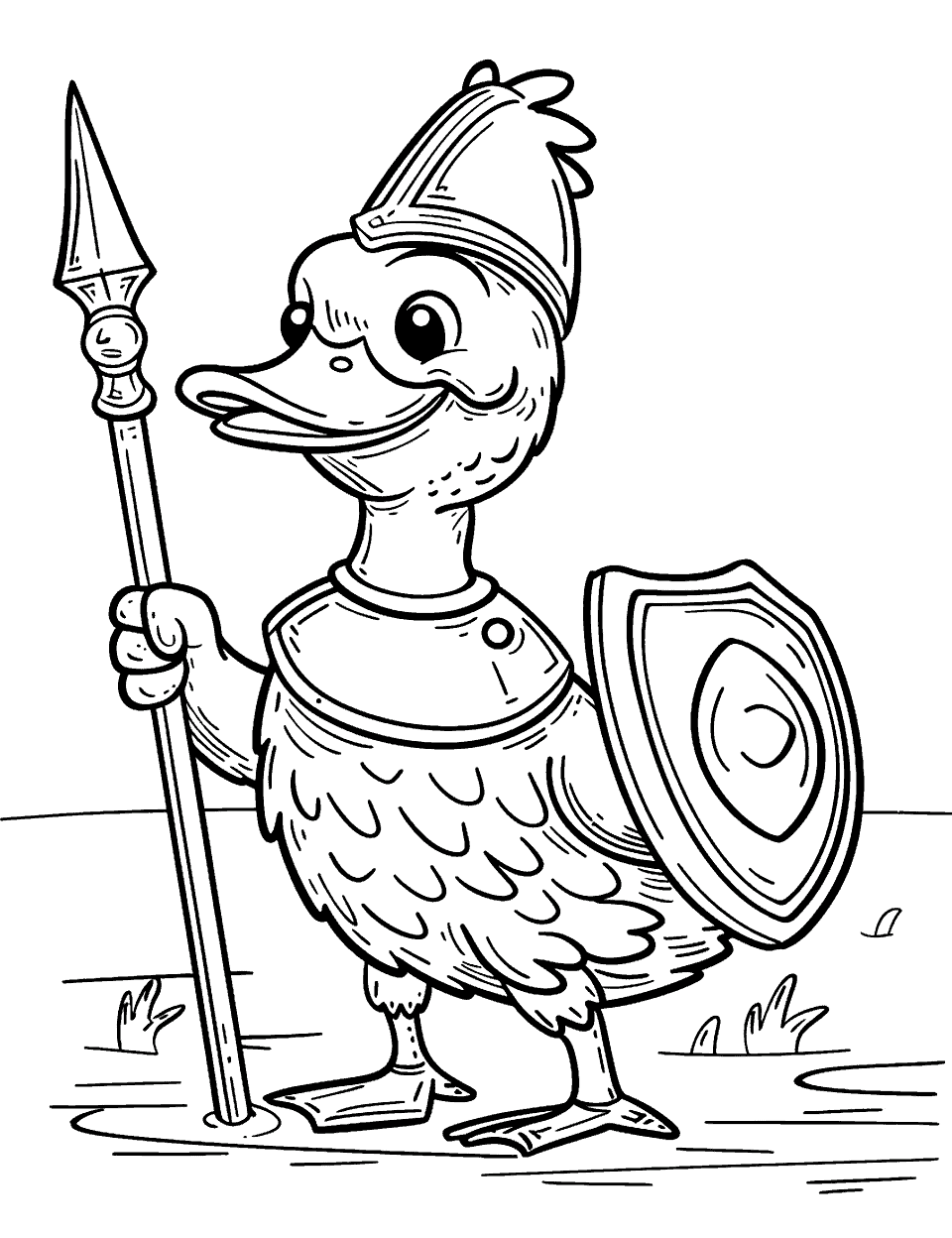 Duck as a Knight Coloring Page - A valiant duck armored as a knight, holding a shield and a lance.