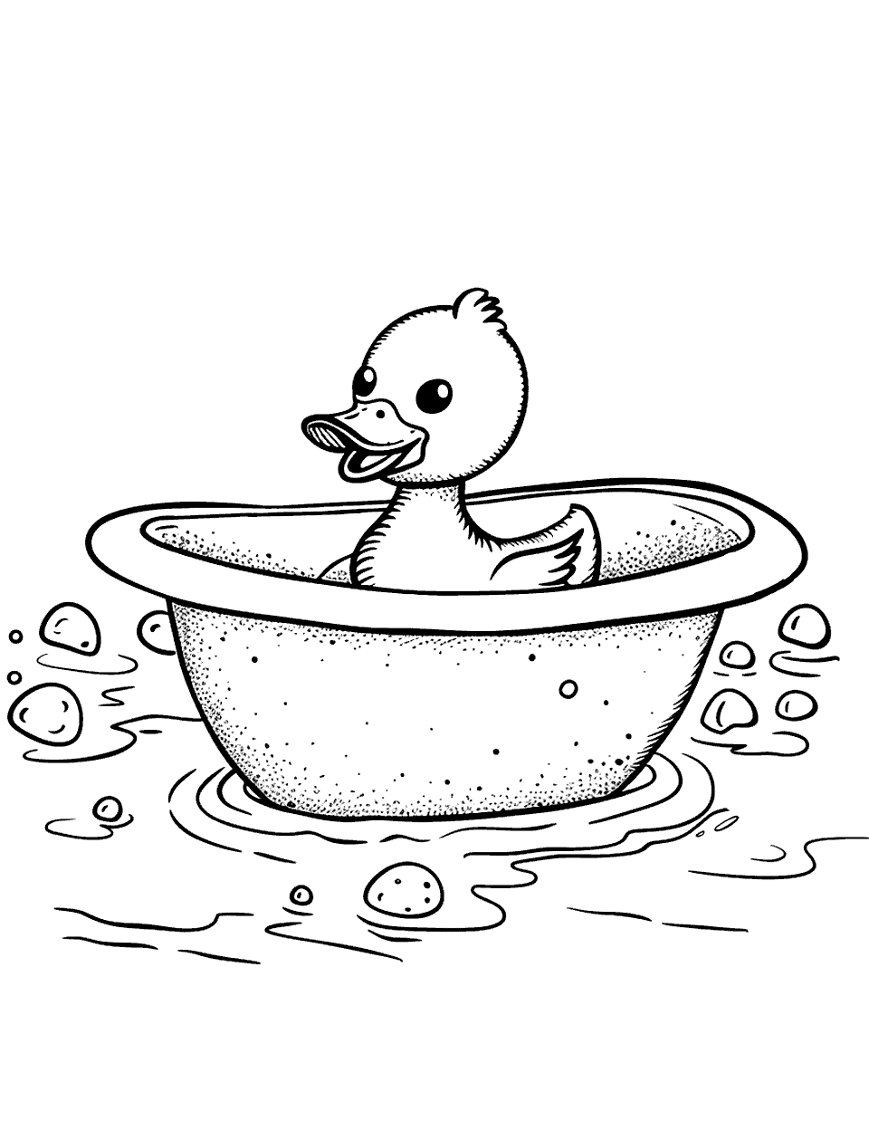 Rubber Duck Floating in a Bathtub Coloring Page - A classic yellow rubber duck happily floating in a bubbly bathtub.