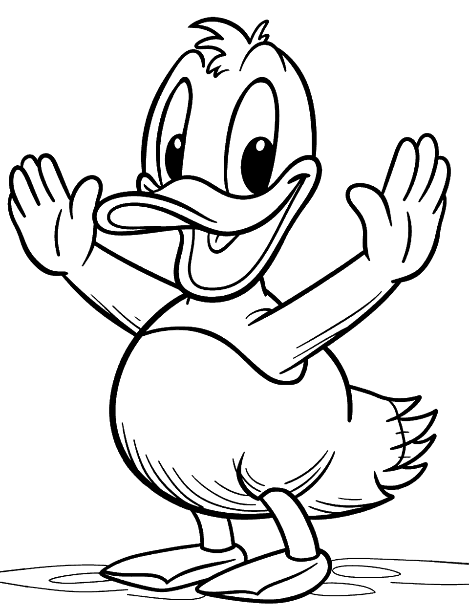 Donald Duck Waving Hello Coloring Page - Donald Duck standing up, waving hello with a big smile on his face.