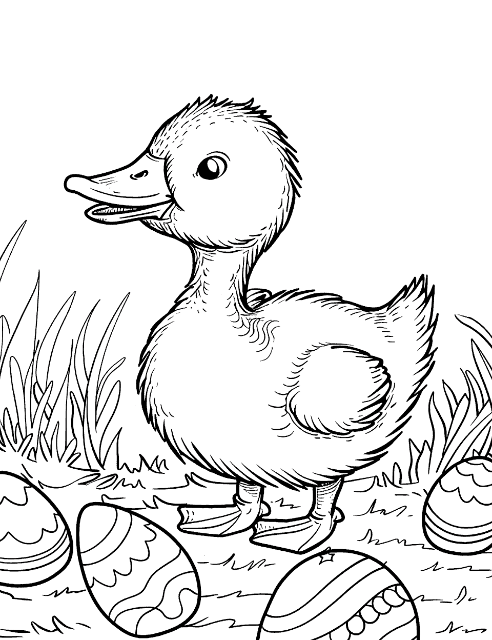 Easter Duck with Eggs Coloring Page - A cute duck surrounded by Easter eggs in a grassy field.