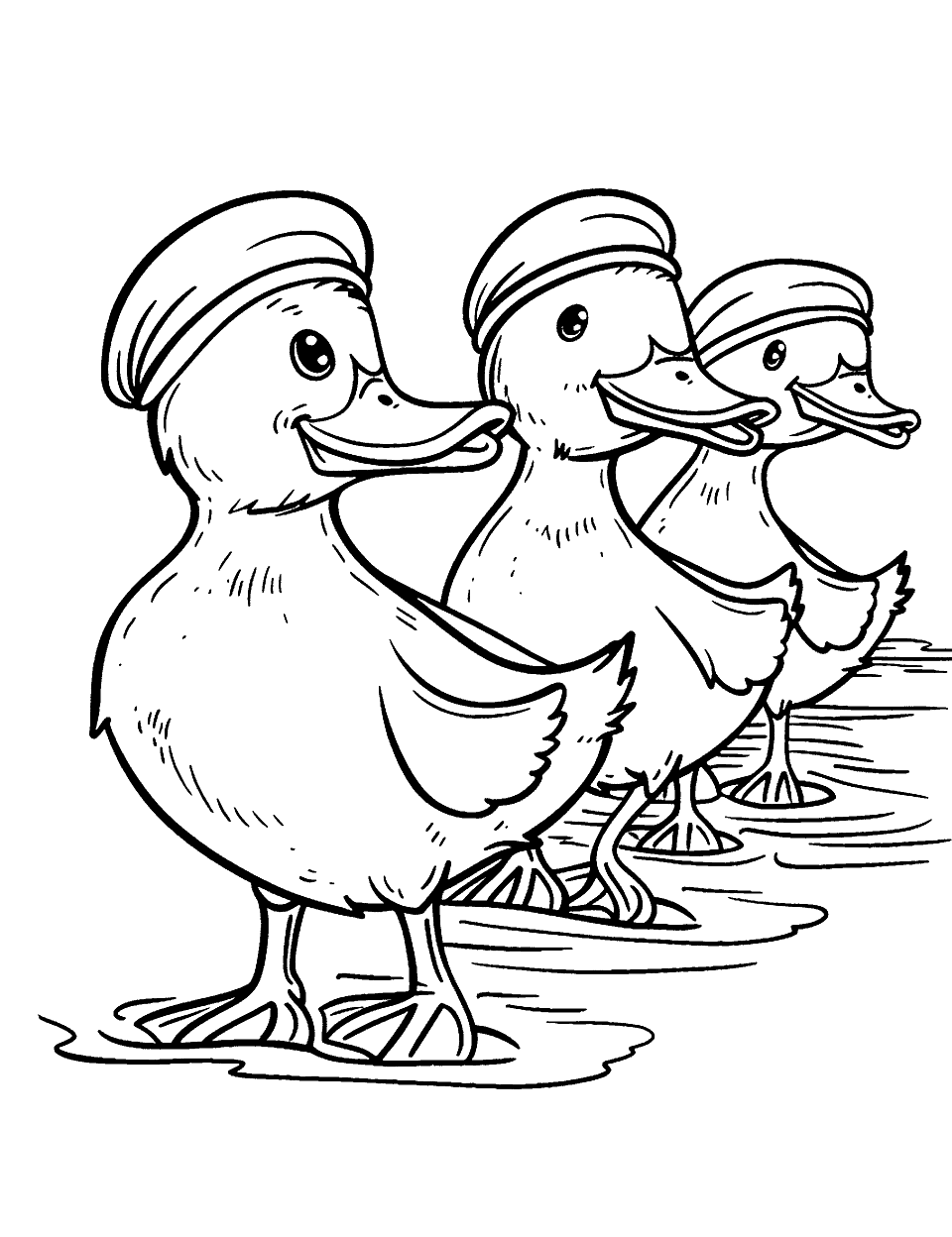 Kindergarten Duck Parade Coloring Page - A line of cartoon ducks wearing hats, marching.