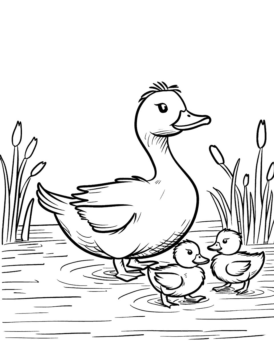 Springtime Duck and Ducklings Coloring Page - A mother duck and her tiny ducklings in a spring meadow.