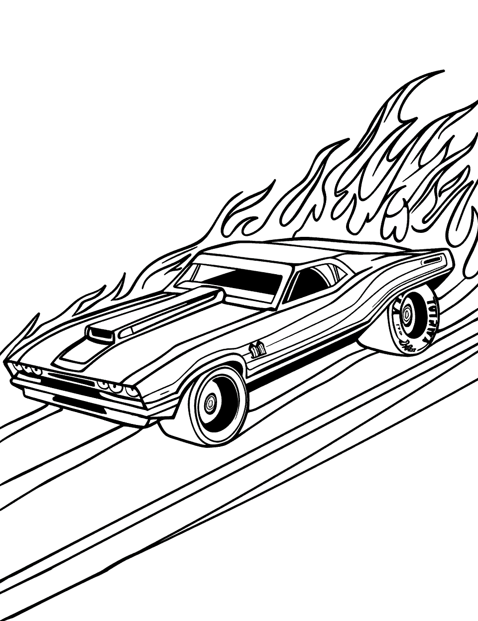 Hot Wheels Showdown Coloring Page - A Hot Wheel car speeding down a straight race track with flames trailing behind.