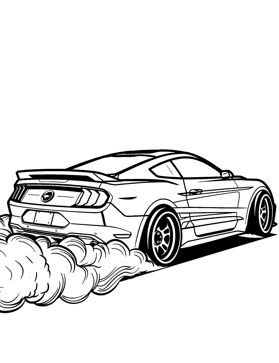 Mustang Muscle Power Coloring Page - A Ford Mustang performs a powerful burnout, smoke billowing from its tires.