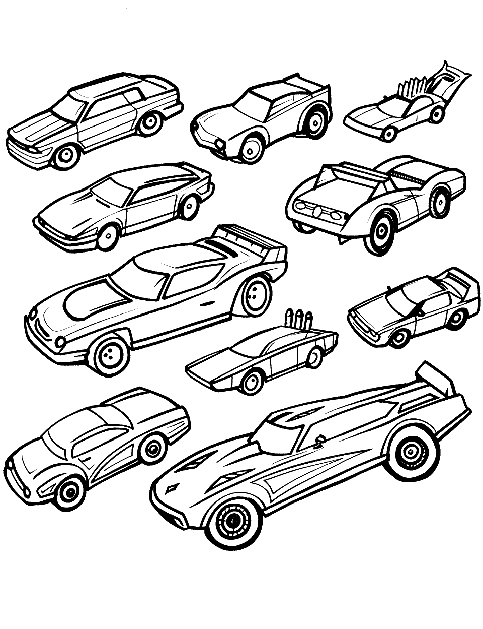 Toy Car Collection Coloring Page - A child’s toy car collection spread out, featuring various Hot Wheels models.