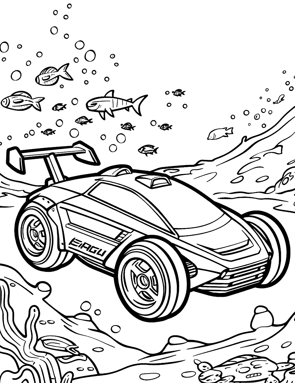 Underwater Racing Adventure Coloring Page - A Hot Wheels car with a scuba theme racing through an underwater course.