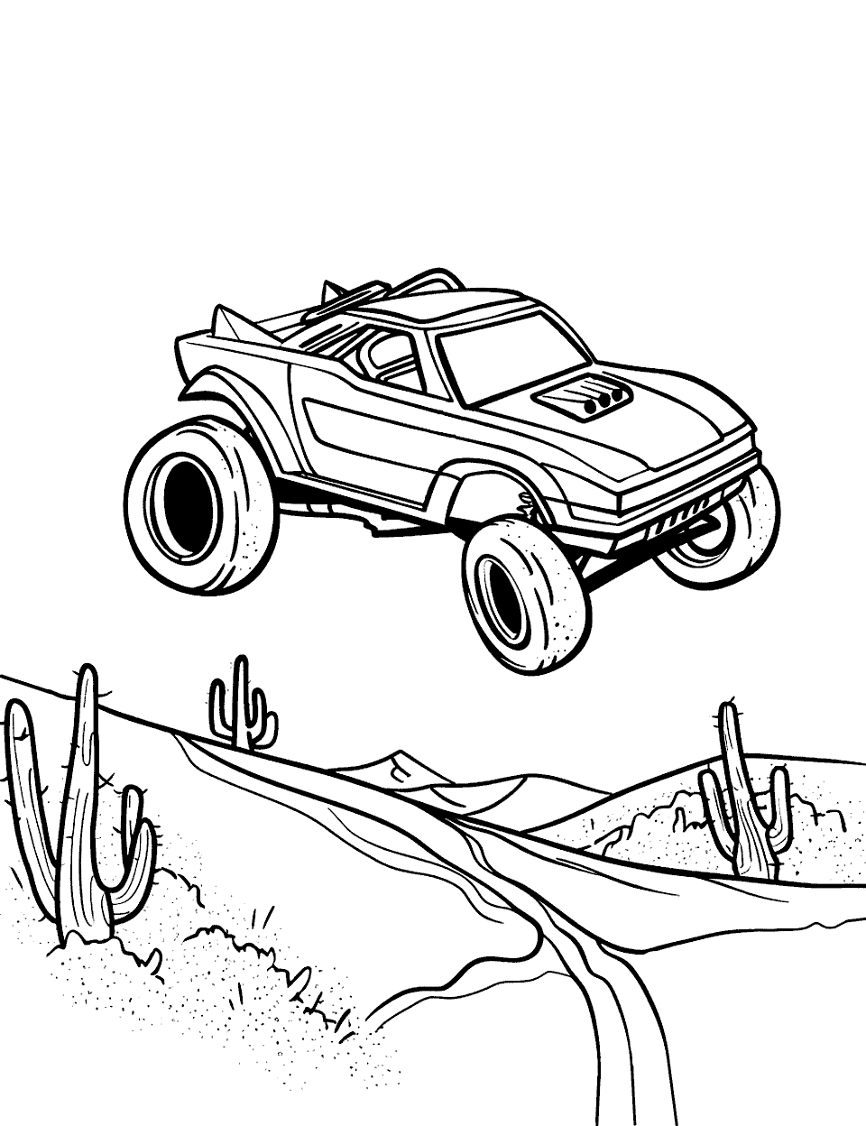 Desert Dune Buggy Dash Coloring Page - A Hot Wheels dune buggy leaping over a sand dune, cactus plants in the background.
