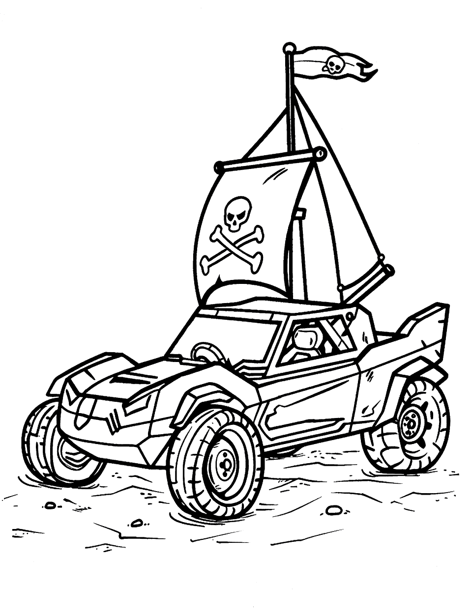 Pirate Treasure Hunt Coloring Page - A Hot Wheels car modified to look like a pirate ship.