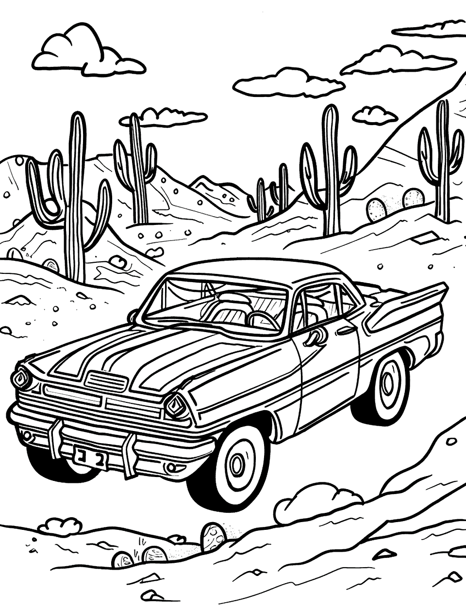 Wild West Road Trip Coloring Page - A Hot Wheels car cruising through a desert with cacti.