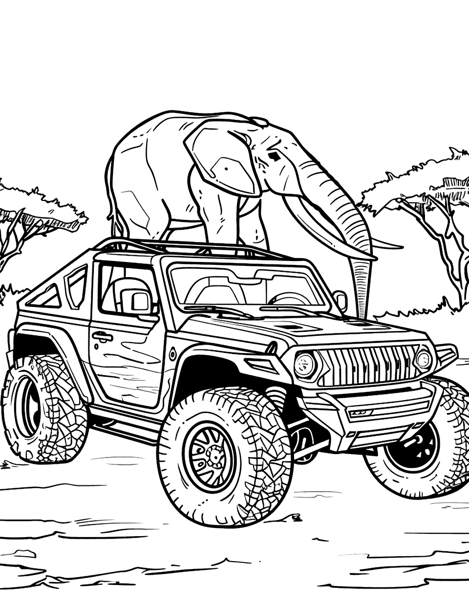 Safari Explorer Mission Coloring Page - A Hot Wheels car decked out in safari gear, with a single elephant in the background.