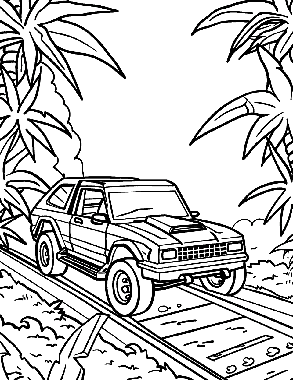 Dinosaur Discovery Expedition Coloring Page - A Hot Wheels car on a jungle track.