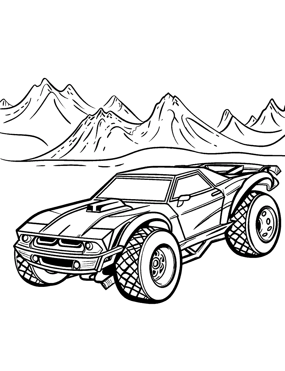 Arctic Ice Racer Coloring Page - A Hot Wheels car ice racing, with snow-capped mountains in the distance.