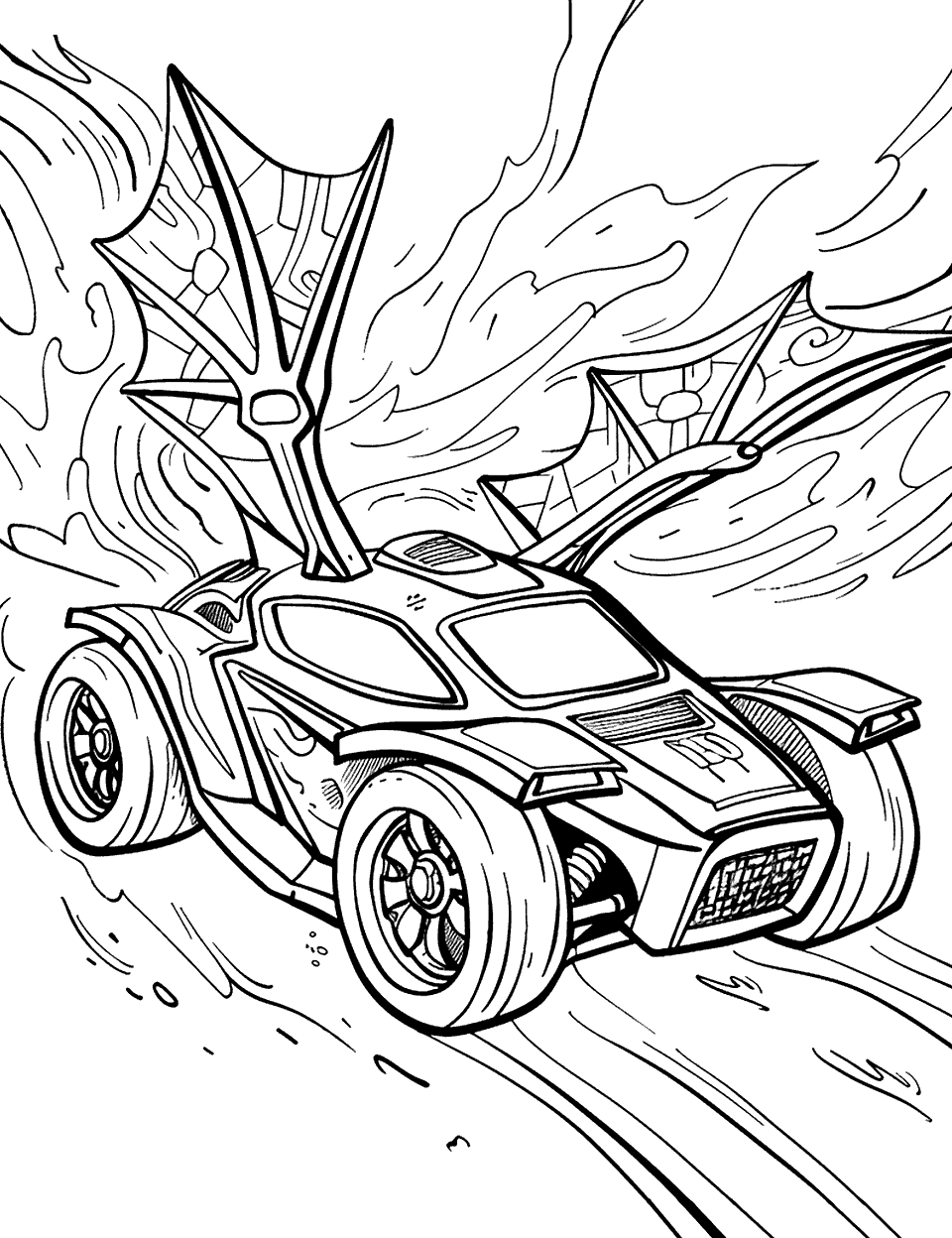 Dragon Blaster Adventure Coloring Page - A Dragon Blaster car with dragon wings spread wide, racing.