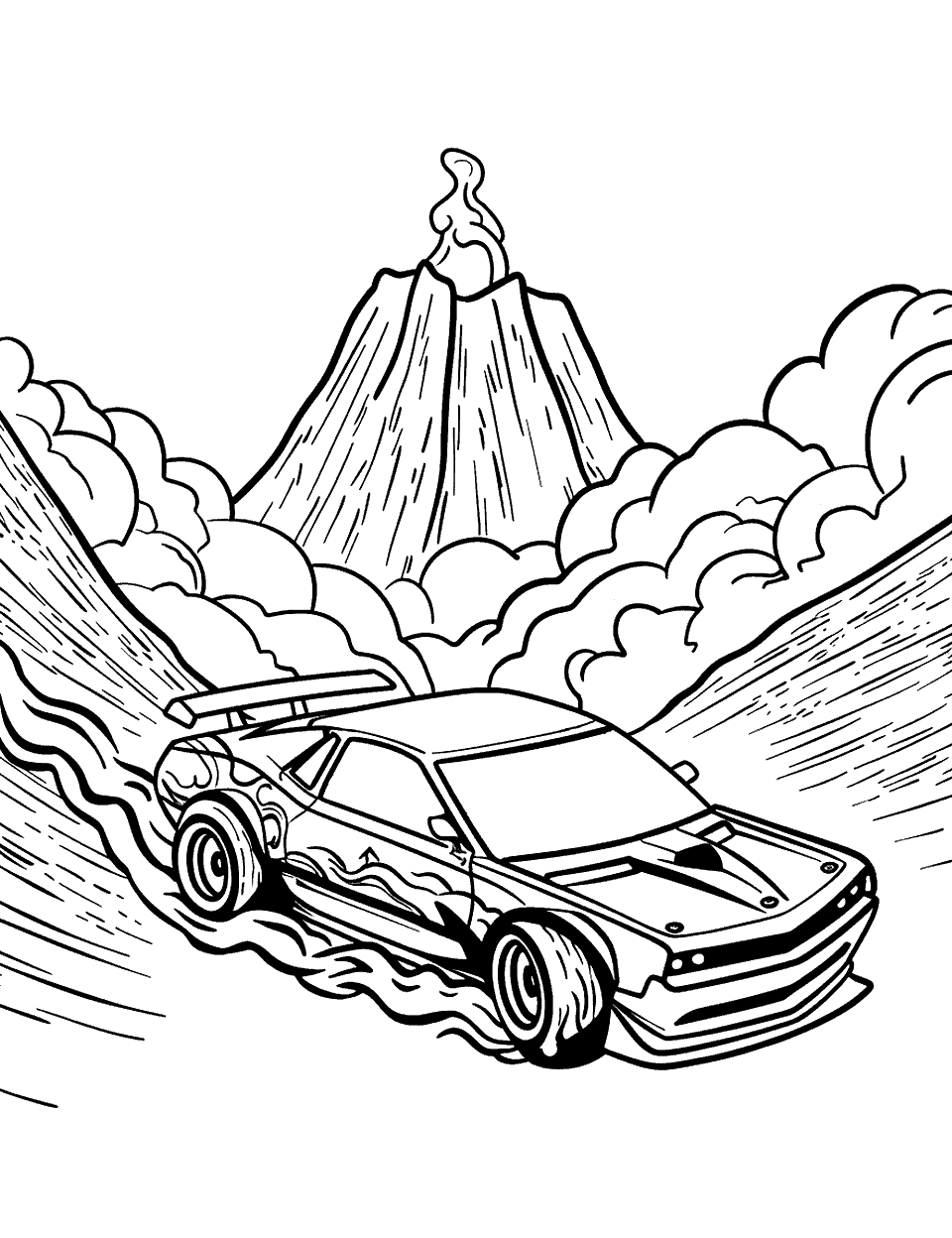 Volcano Lava Escape Coloring Page - A Hot Wheels car racing away from an erupting volcano, lava flowing behind it.