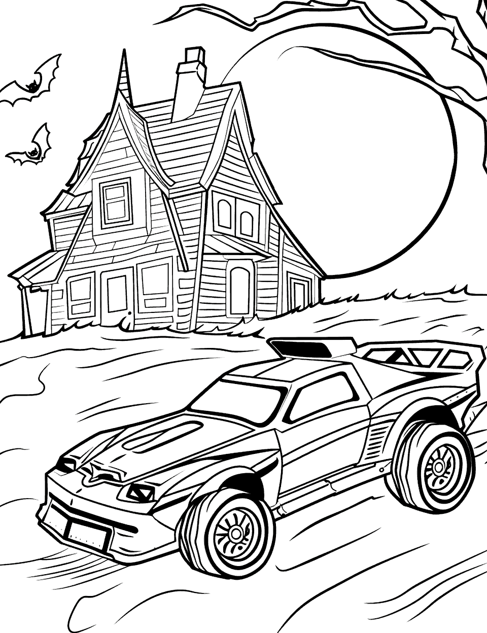 Halloween Haunted Race Coloring Page - A Hot Wheels car racing past a Halloween haunted house, with the moon overhead.