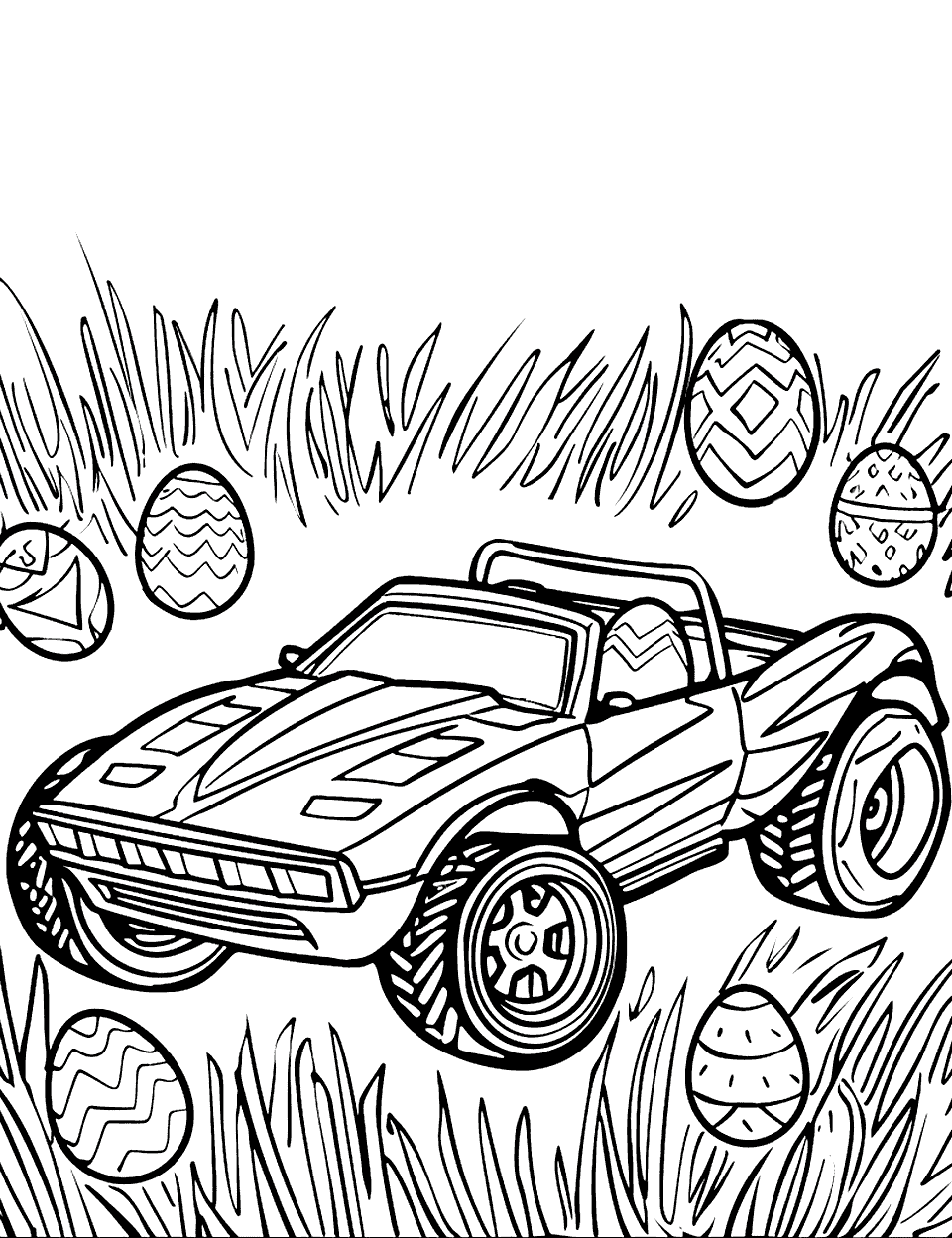 Easter Egg Hunt Coloring Page - A Hot Wheels car hidden among Easter eggs in a grassy field, ready for the hunt.