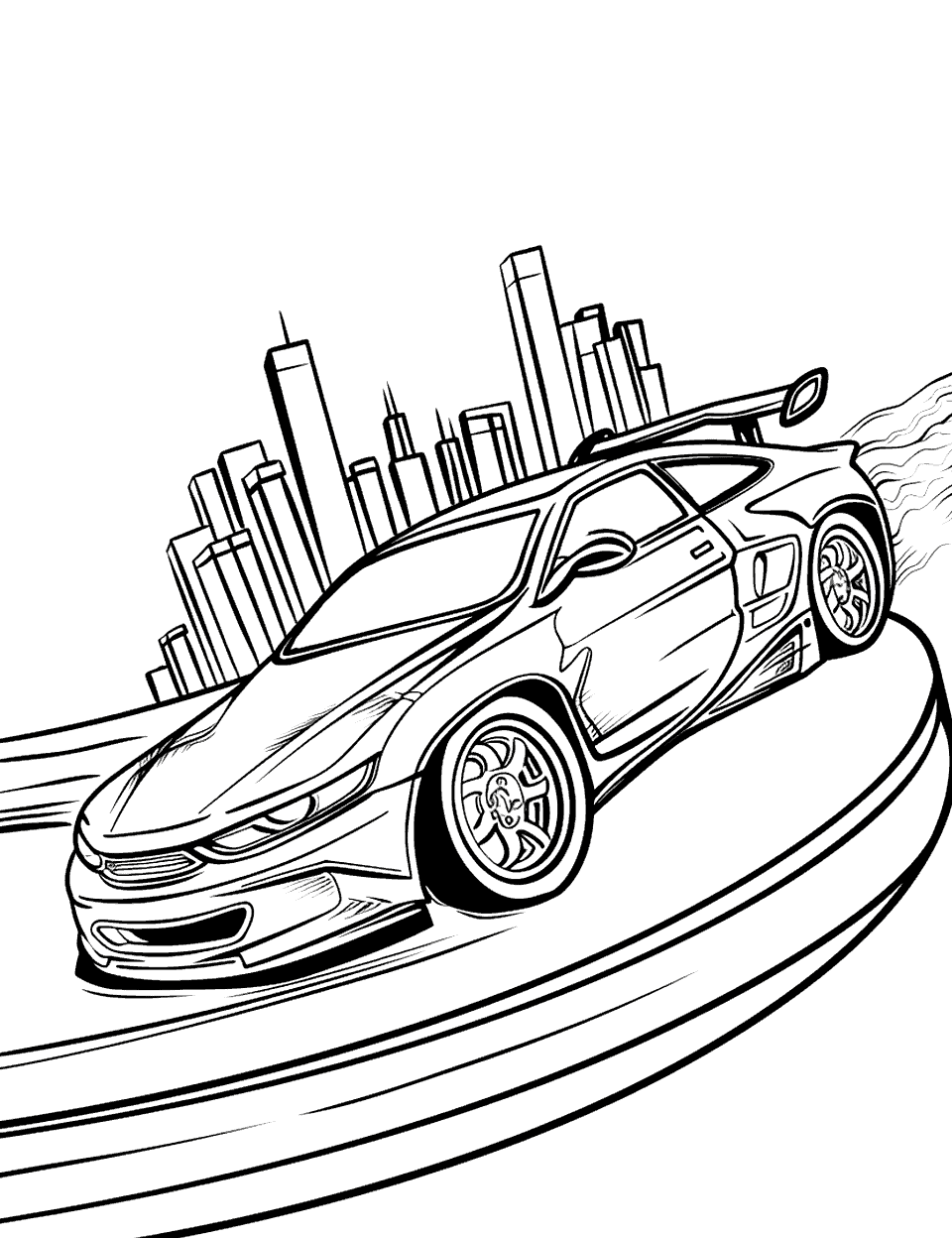 City Skyline Drift Coloring Page - A Hot Wheels car drifting around a corner with a city skyline in the background.
