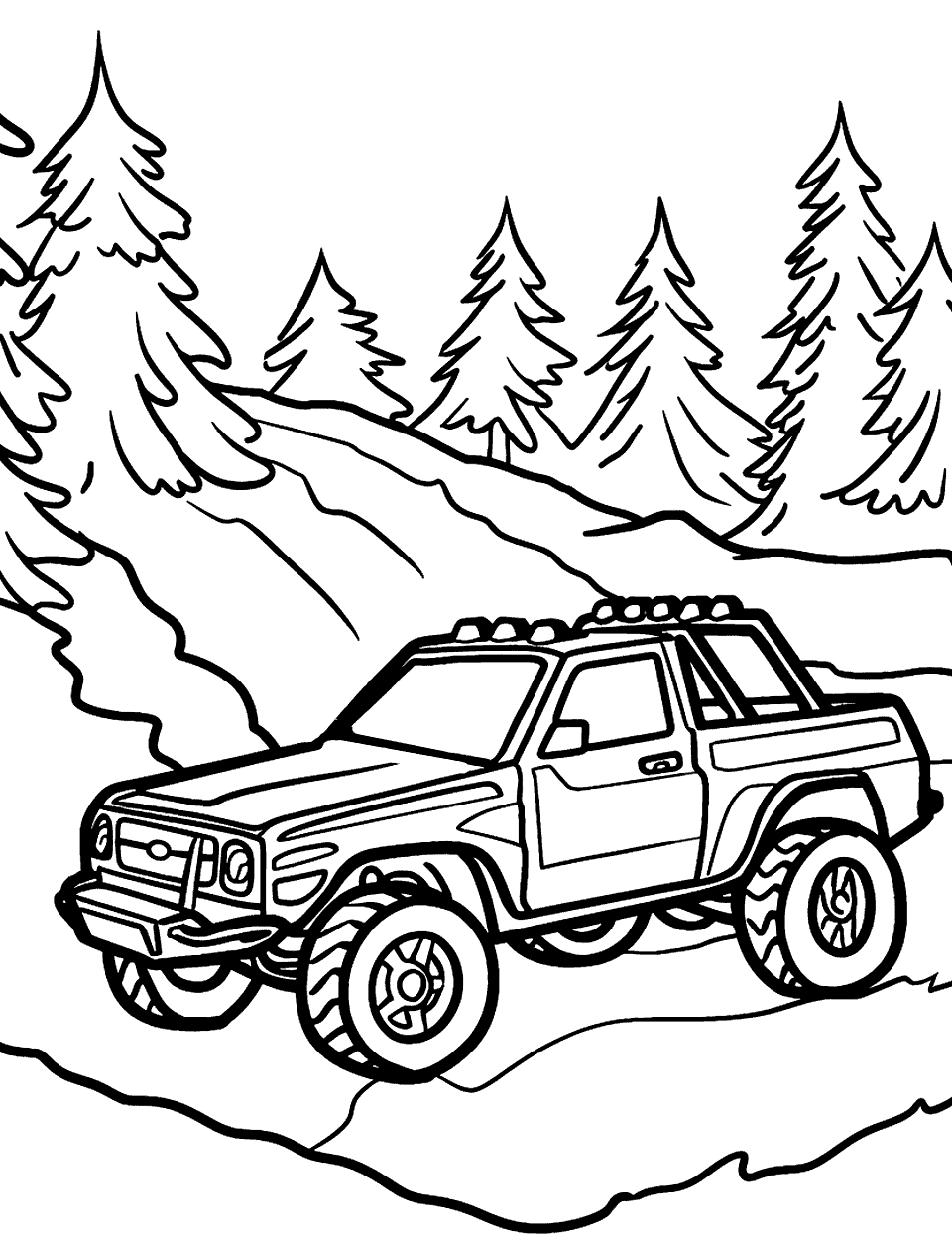 Mountain Trail Explorer Coloring Page - A Hot Wheels SUV on a mountainous trail, pine trees lining the path.