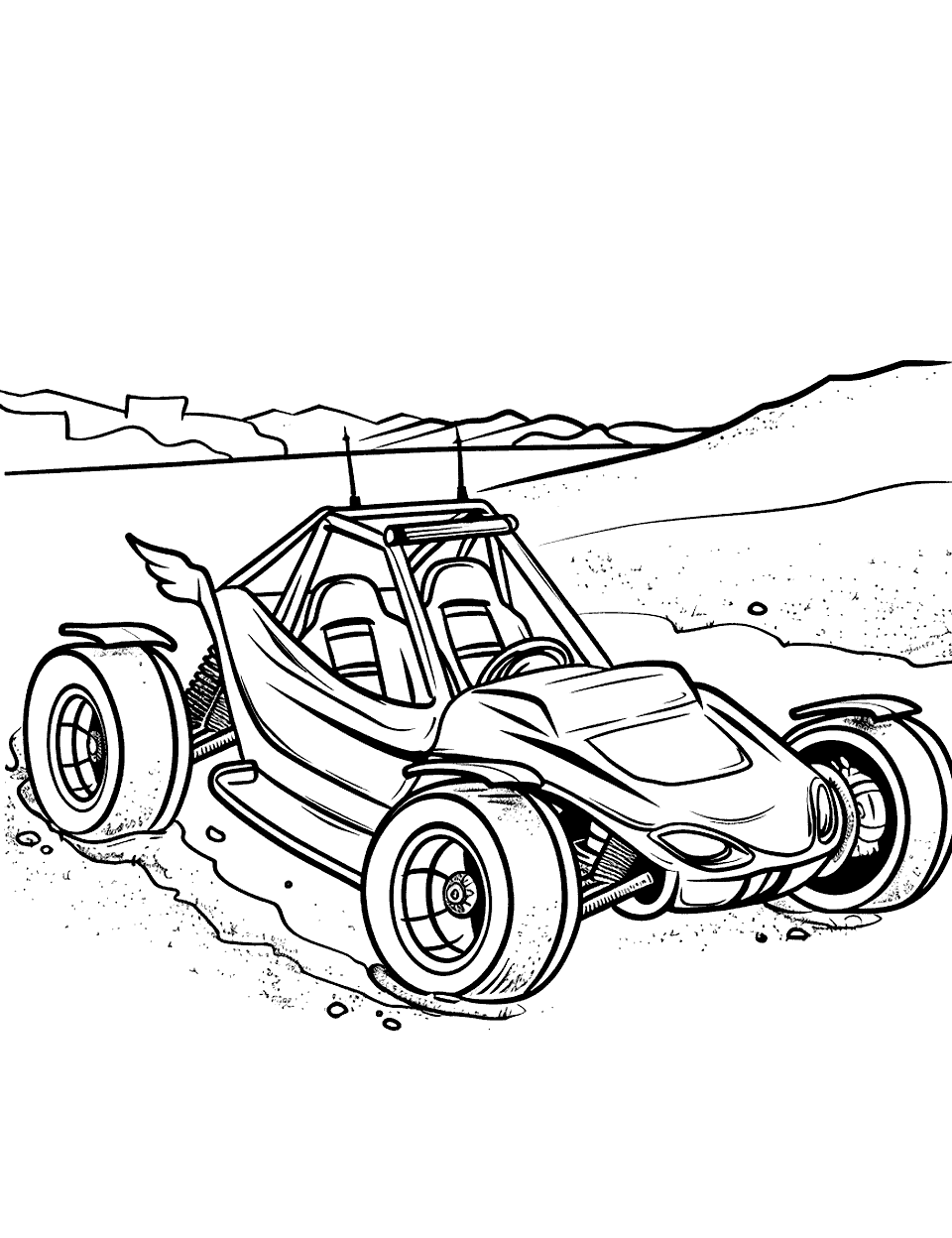 Beachside Buggy Race Coloring Page - A Hot Wheel buggie racing along the shoreline.