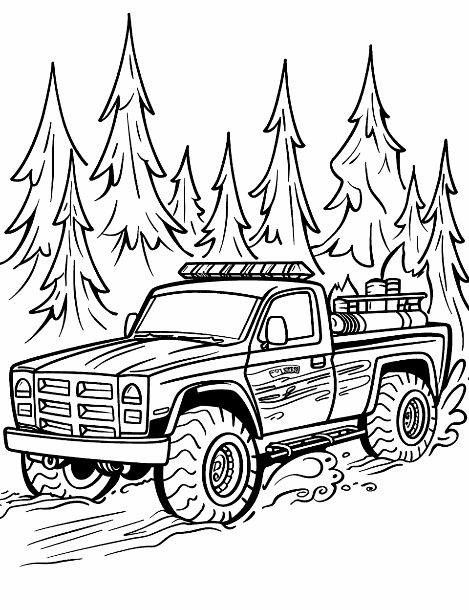 Forest Fire Rescue Coloring Page - A Hot Wheels fire truck racing to a forest fire.