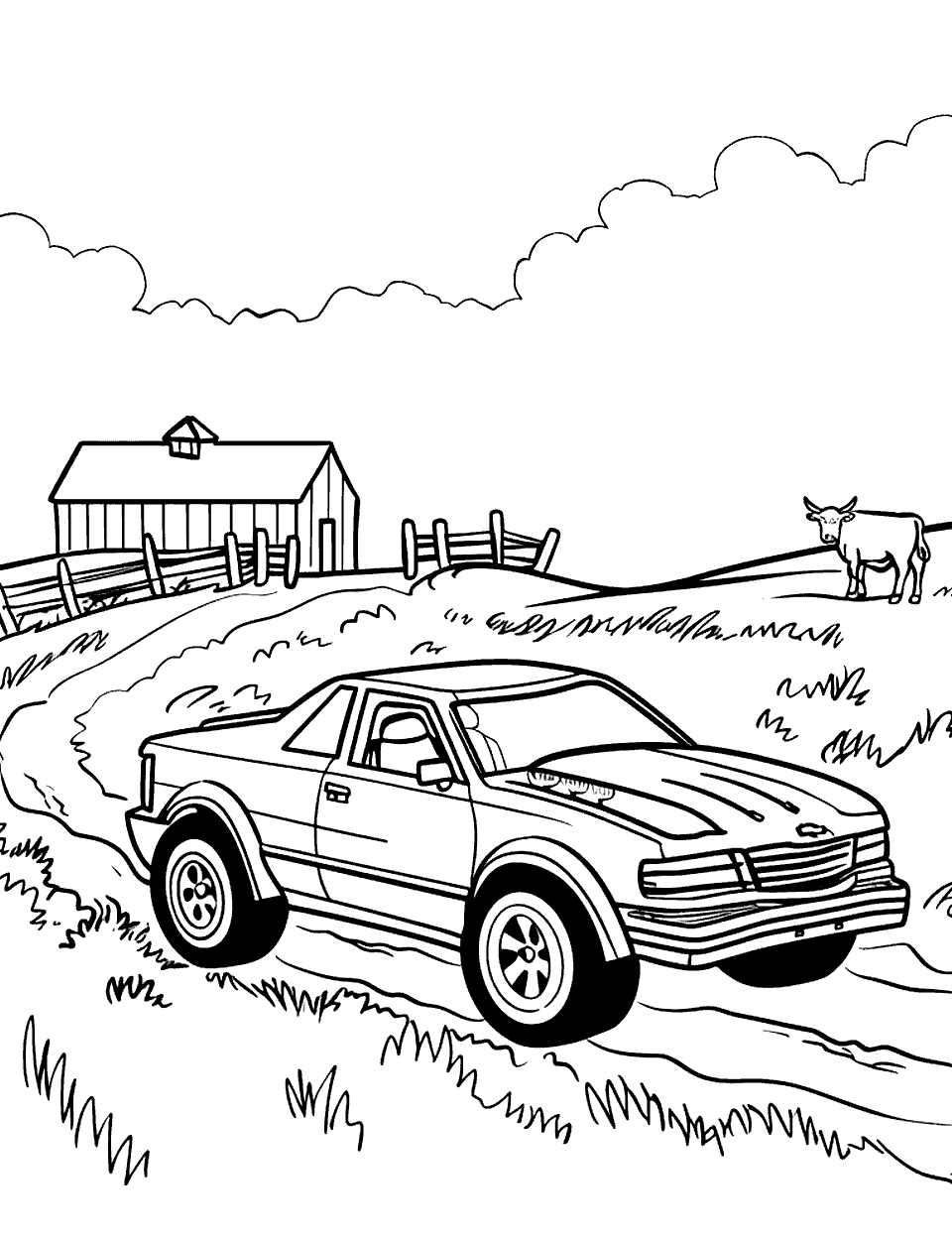 Farmyard Friends Coloring Page - A Hot Wheels car at a farm, with a single cow in the background.