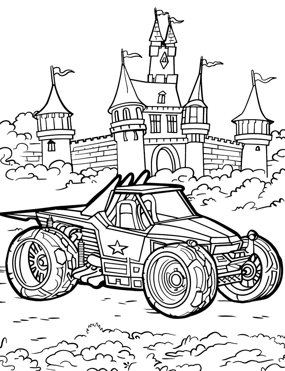Knight's Castle Siege Coloring Page - A Hot Wheels car and a castle in the background.