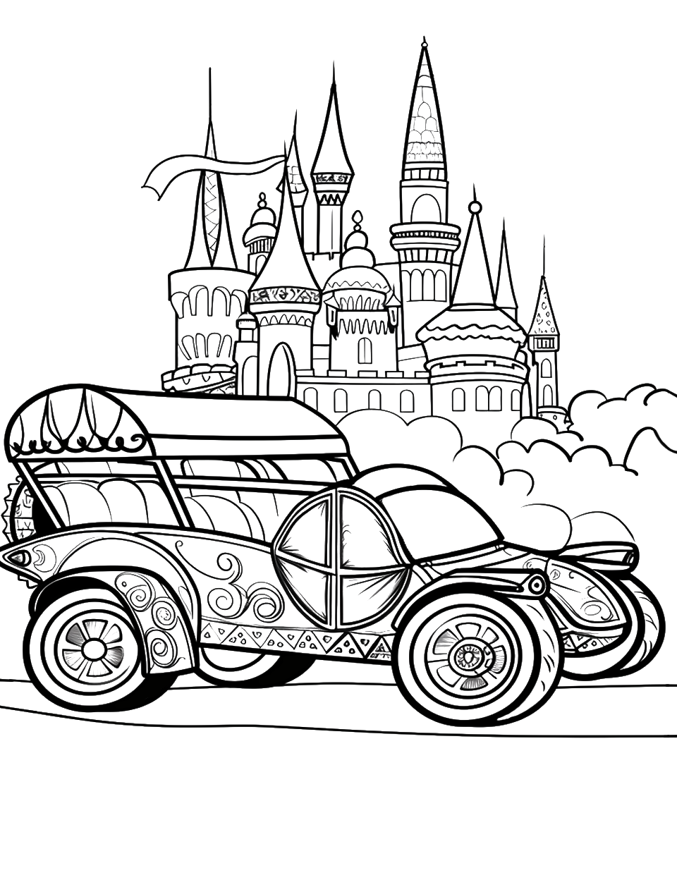 Royal Carriage Procession Coloring Page - A Hot Wheels car designed like a royal carriage, with a castle in the background.