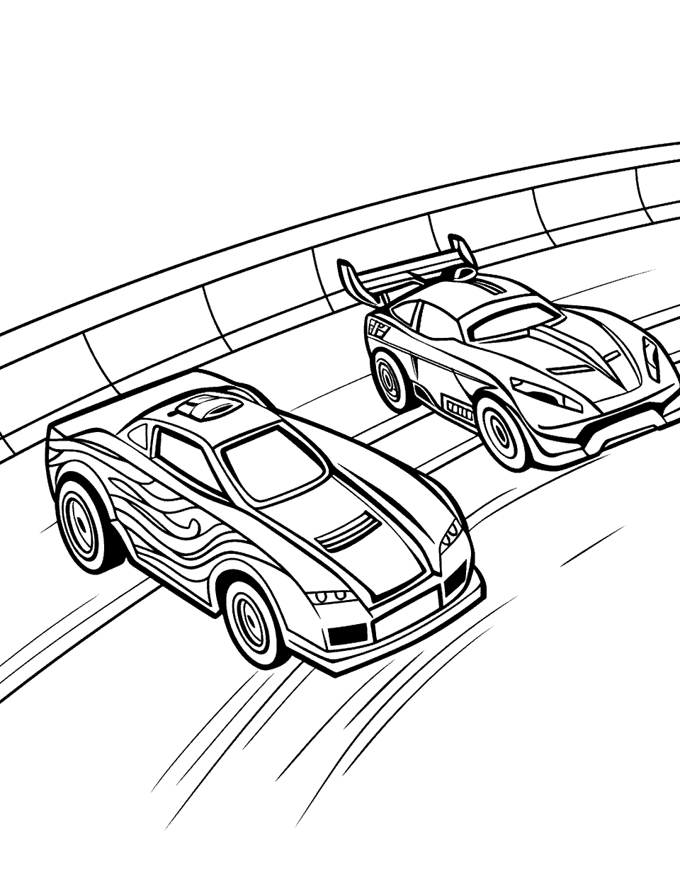 Wheels Race Track Challenge Coloring Page - Two Hot Wheels cars at the starting line of a race track.